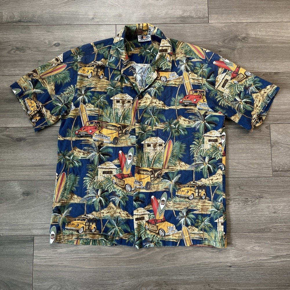 Pacific Legends Hawaiian Shirt Mens 2XL Woody Car Island Multicolor